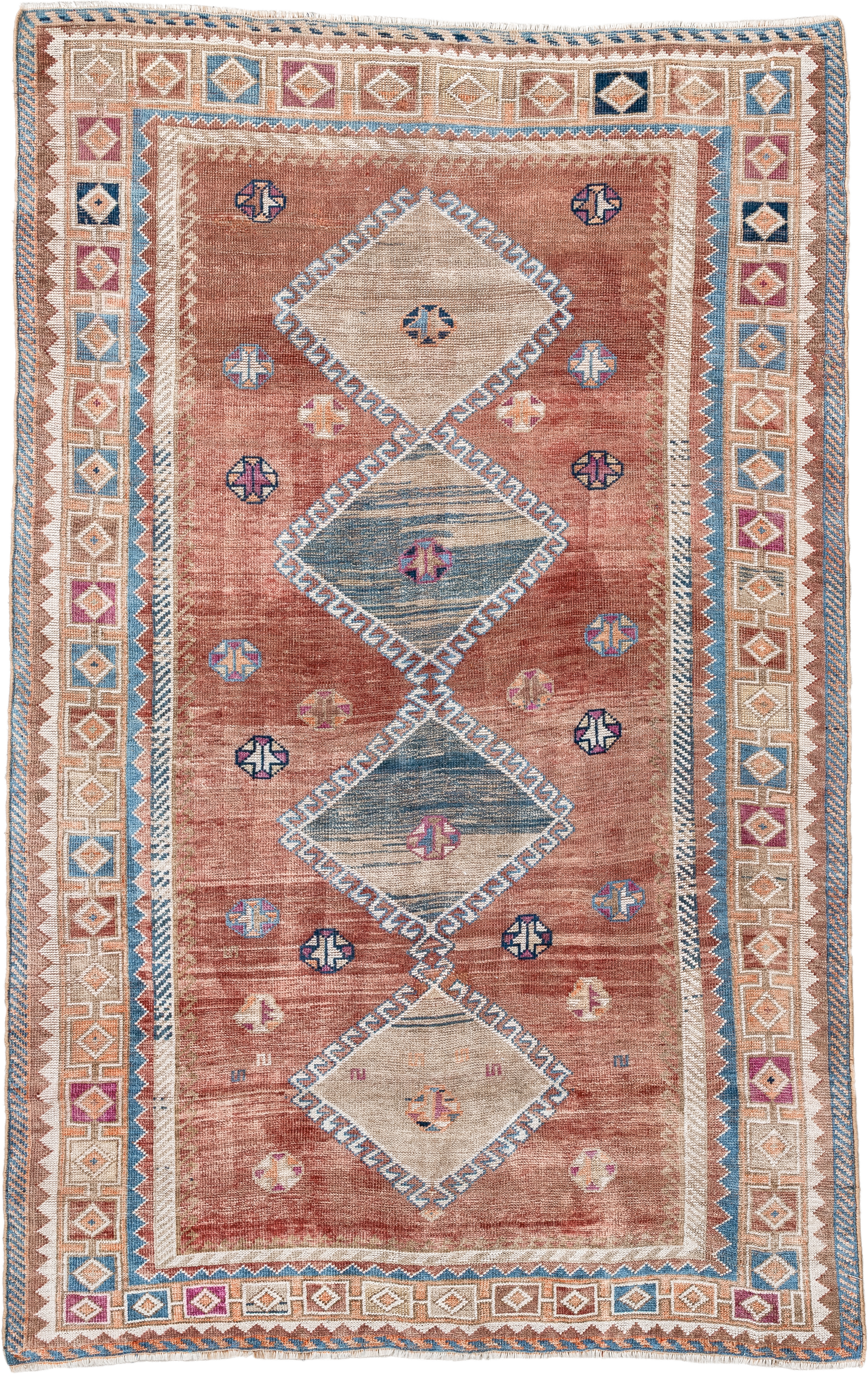 4' x 6' one-of-a-kind handmade antique Gabbe small size rug. Color palette: rose, ivory, sky blue, rust, taupe, plum, navy