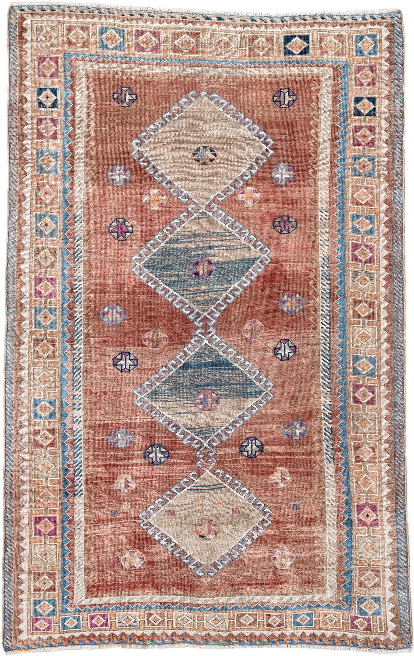 4' x 6' one-of-a-kind handmade antique Gabbe small size rug. Color palette: rose, ivory, sky blue, rust, taupe, plum, navy