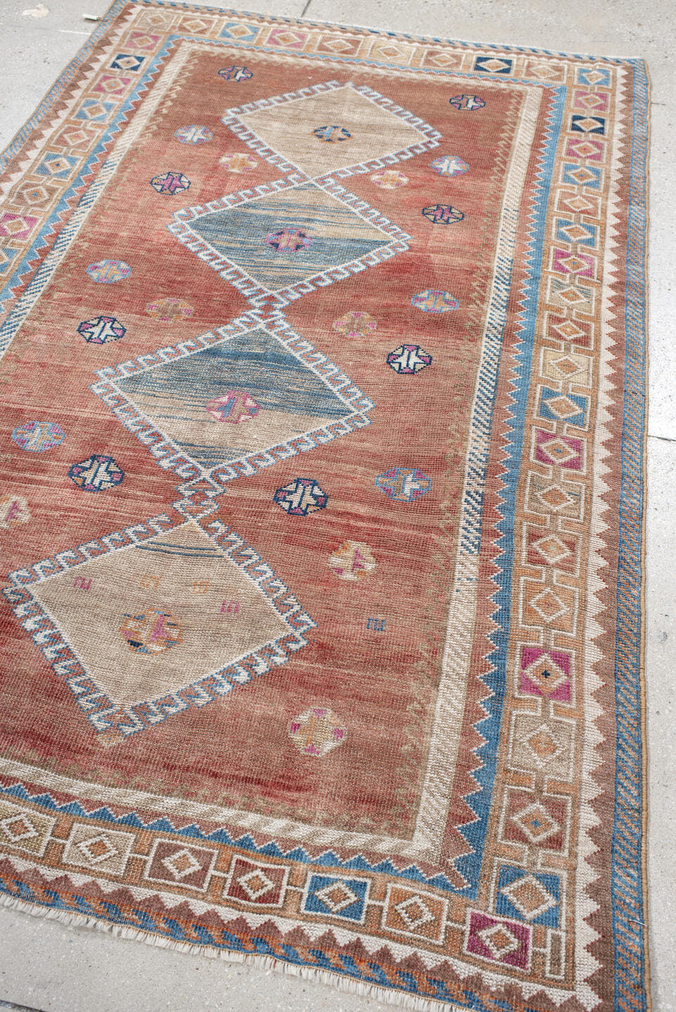 4' x 6' one-of-a-kind handmade antique Gabbe small size rug. Color palette: rose, ivory, sky blue, rust, taupe, plum, navy