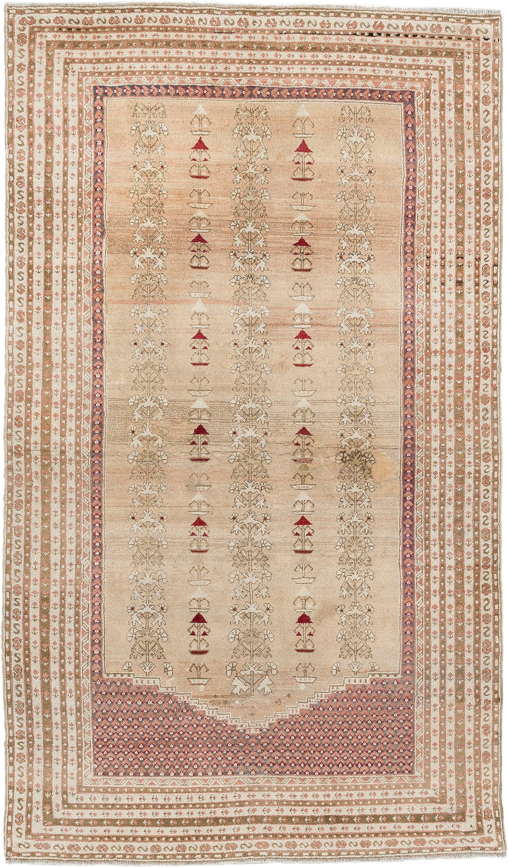 4' x 6' one-of-a-kind handmade antique Anatolian rug. Color palette: ivory, sand, terracotta, rose, taupe, camel, brick