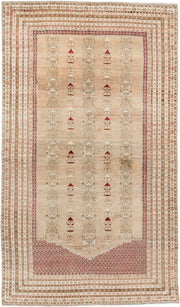 4' x 6' one-of-a-kind handmade antique Anatolian rug. Color palette: ivory, sand, terracotta, rose, taupe, camel, brick