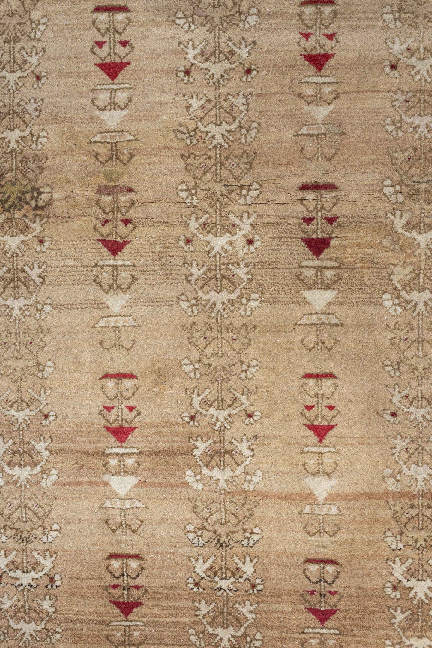 4' x 6' one-of-a-kind handmade antique Anatolian rug. Color palette: ivory, sand, terracotta, rose, taupe, camel, brick
