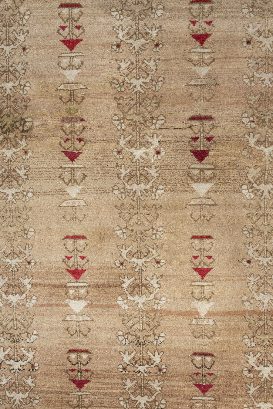 4' x 6' one-of-a-kind handmade antique Anatolian rug. Color palette: ivory, sand, terracotta, rose, taupe, camel, brick