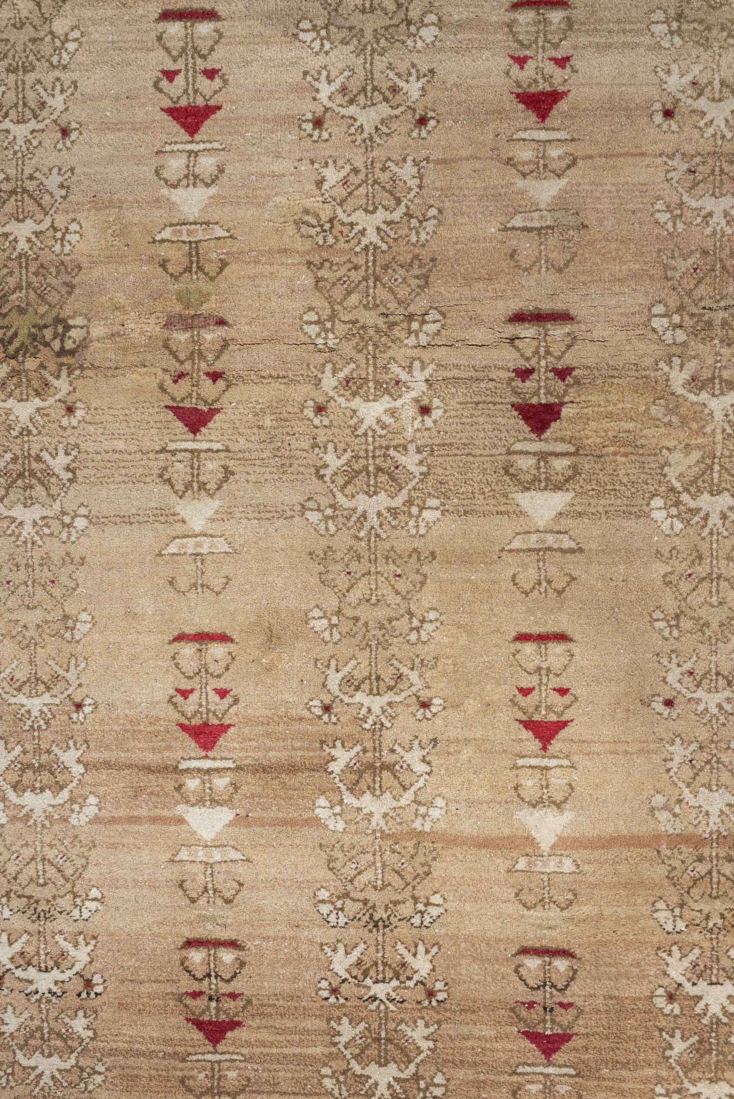 4' x 6' one-of-a-kind handmade antique Anatolian rug. Color palette: ivory, sand, terracotta, rose, taupe, camel, brick