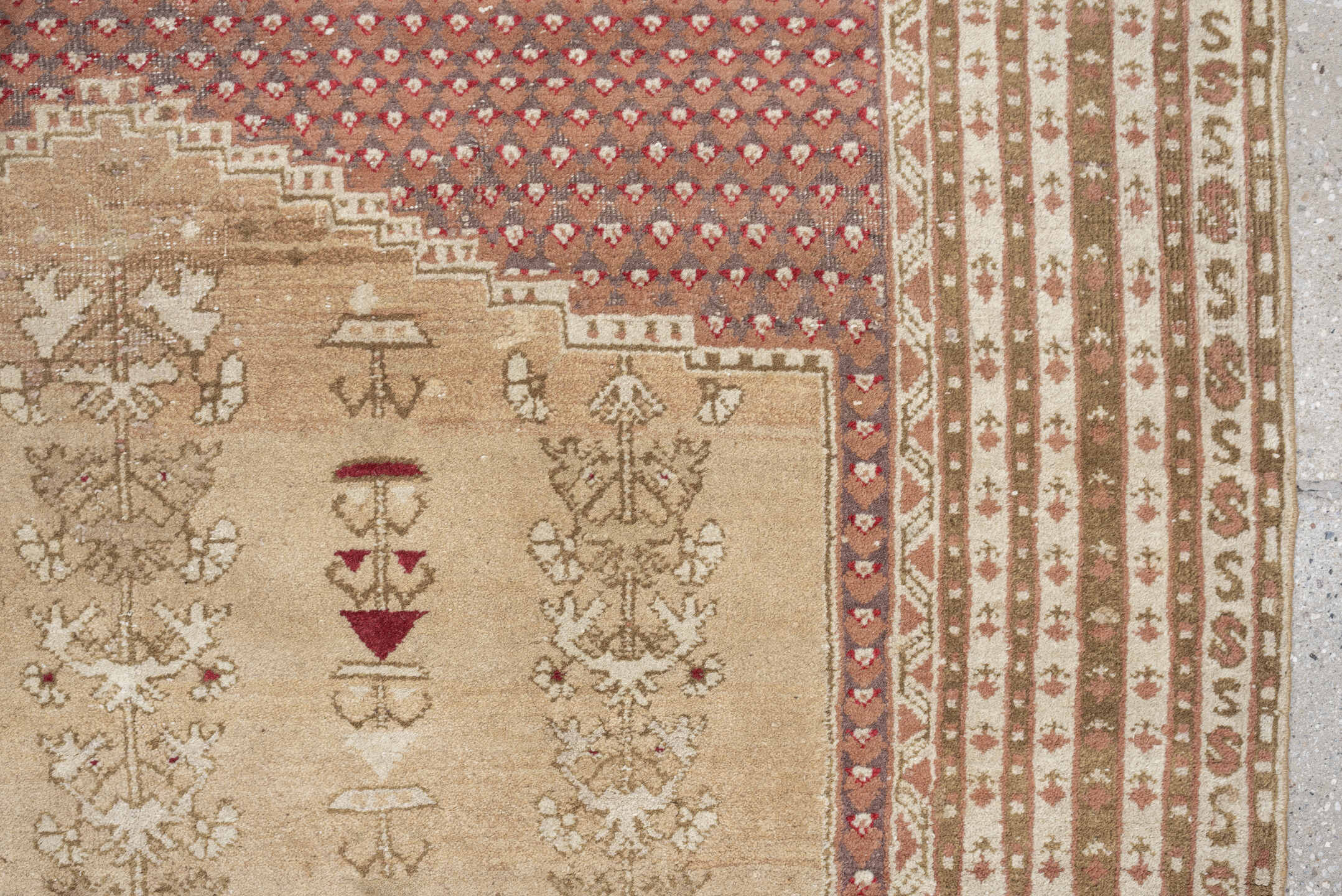 4' x 6' one-of-a-kind handmade antique Anatolian rug. Color palette: ivory, sand, terracotta, rose, taupe, camel, brick