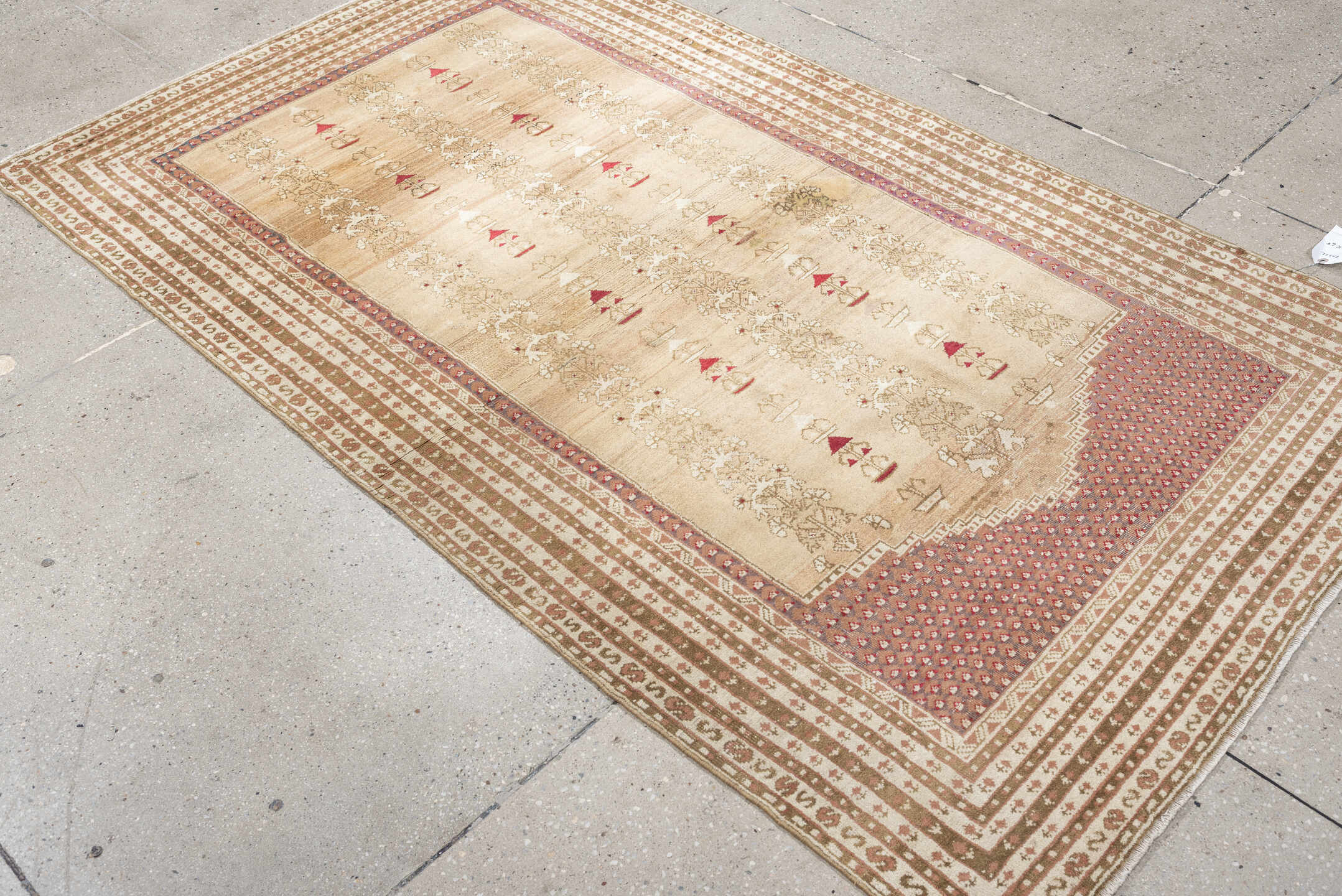 4' x 6' one-of-a-kind handmade antique Anatolian rug. Color palette: ivory, sand, terracotta, rose, taupe, camel, brick