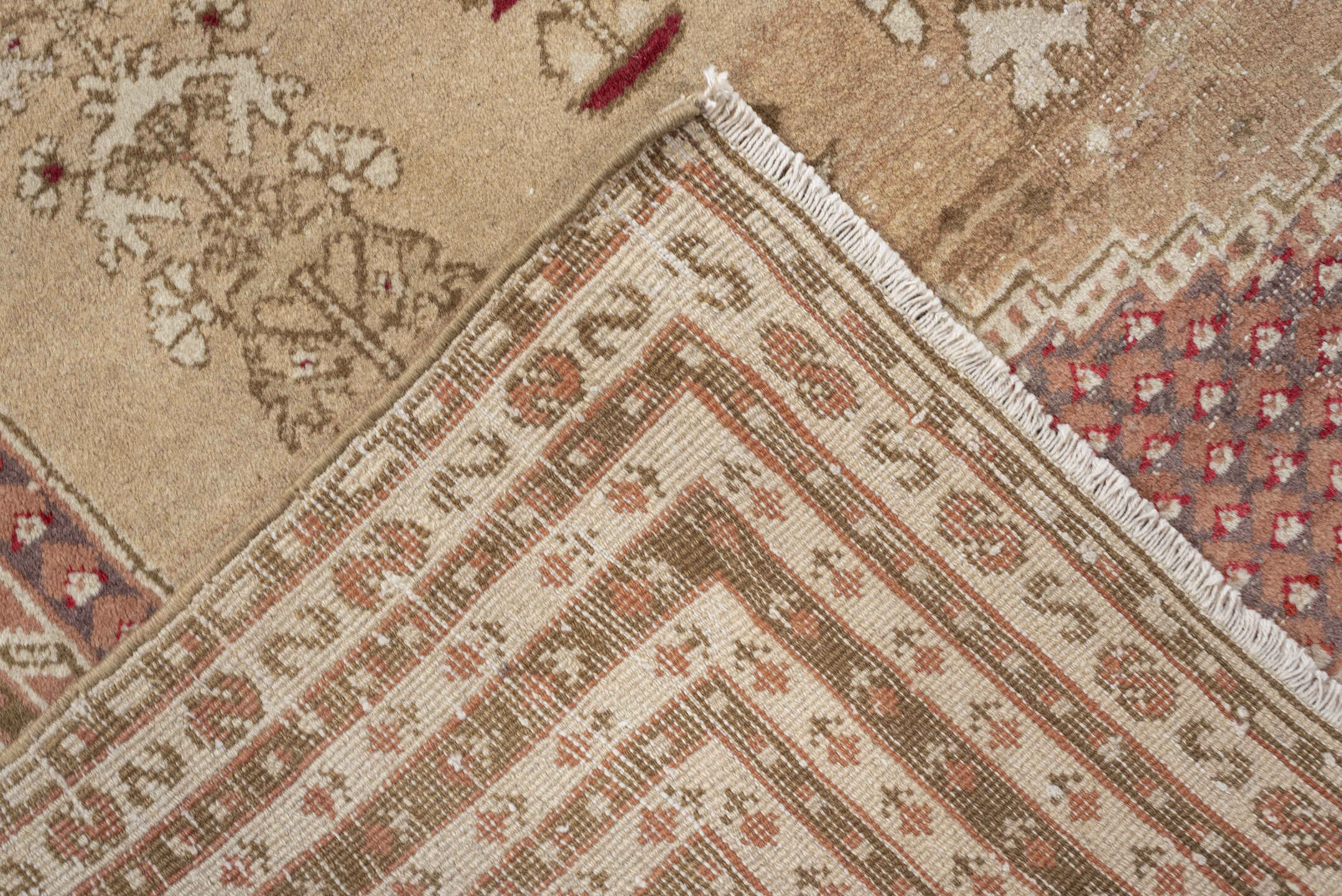 4' x 6' one-of-a-kind handmade antique Anatolian rug. Color palette: ivory, sand, terracotta, rose, taupe, camel, brick