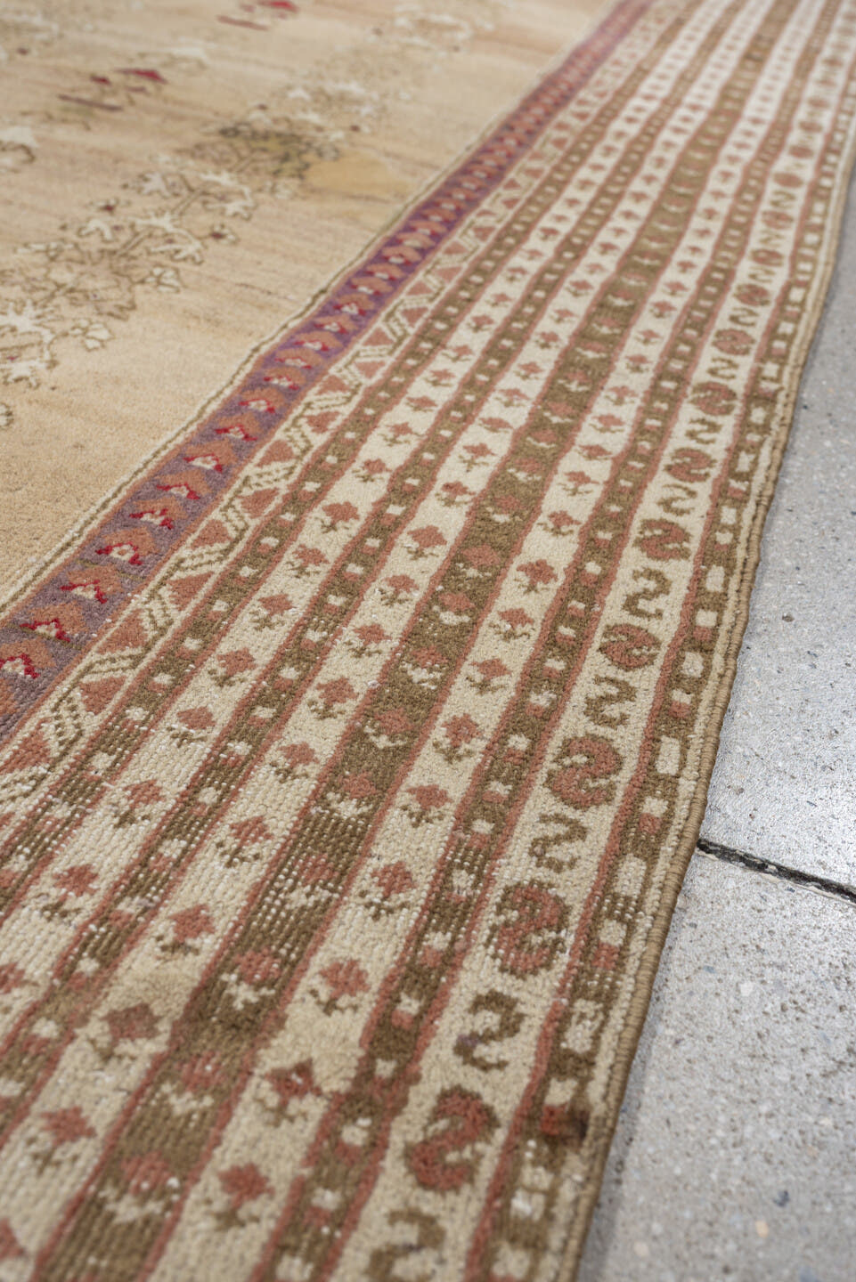 4' x 6' one-of-a-kind handmade antique Anatolian rug. Color palette: ivory, sand, terracotta, rose, taupe, camel, brick