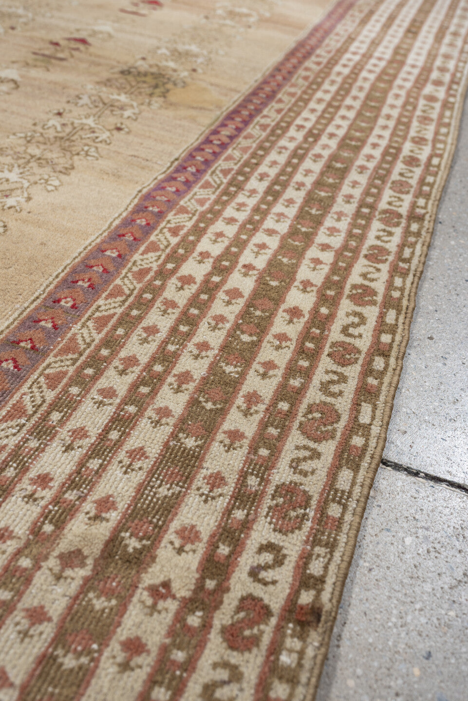 4' x 6' one-of-a-kind handmade antique Anatolian rug. Color palette: ivory, sand, terracotta, rose, taupe, camel, brick