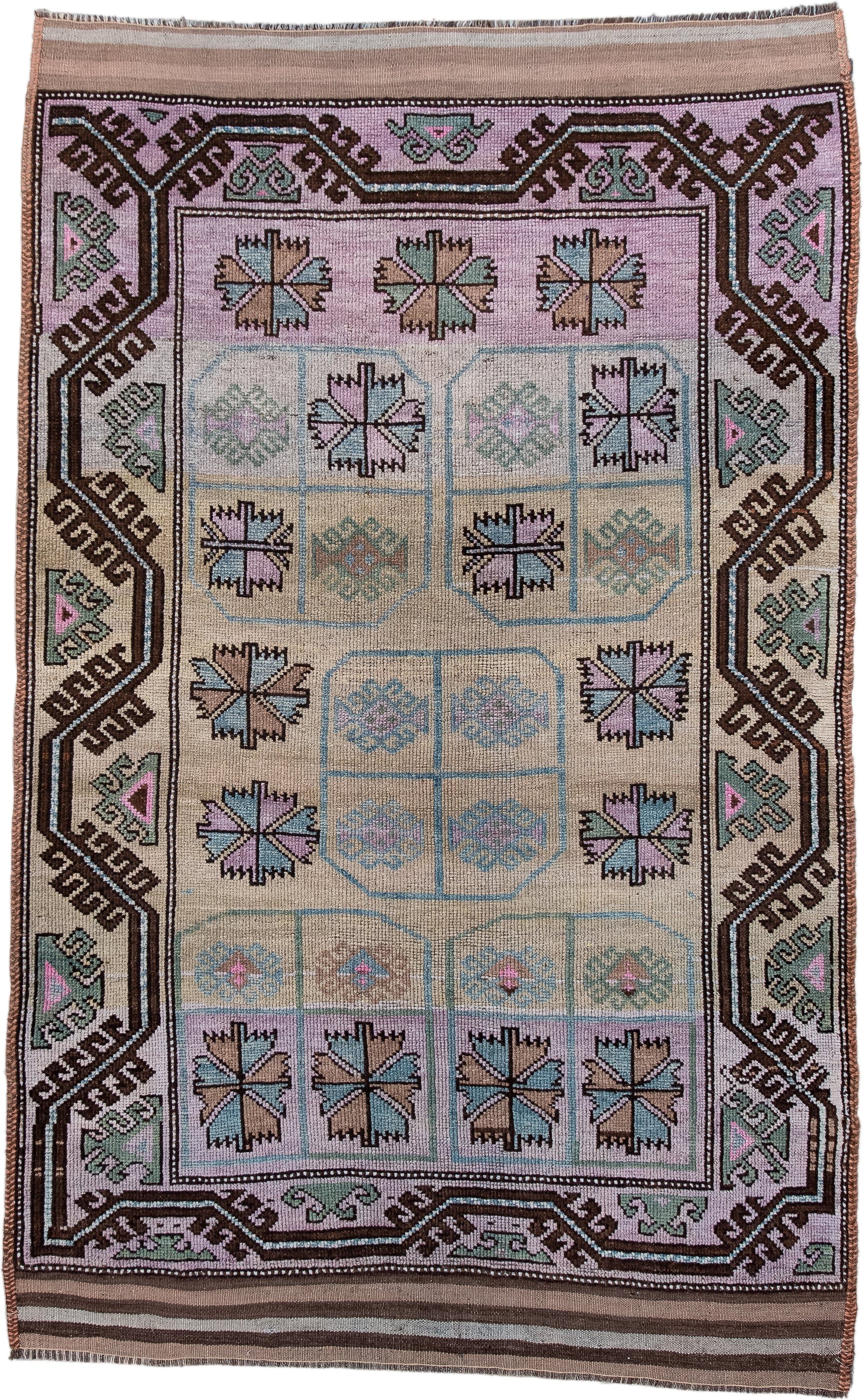 3' x 6' one-of-a-kind handmade antique Belouch small size rug. Color palette: ivory, lilac, brown, aqua, sage, taupe, pink