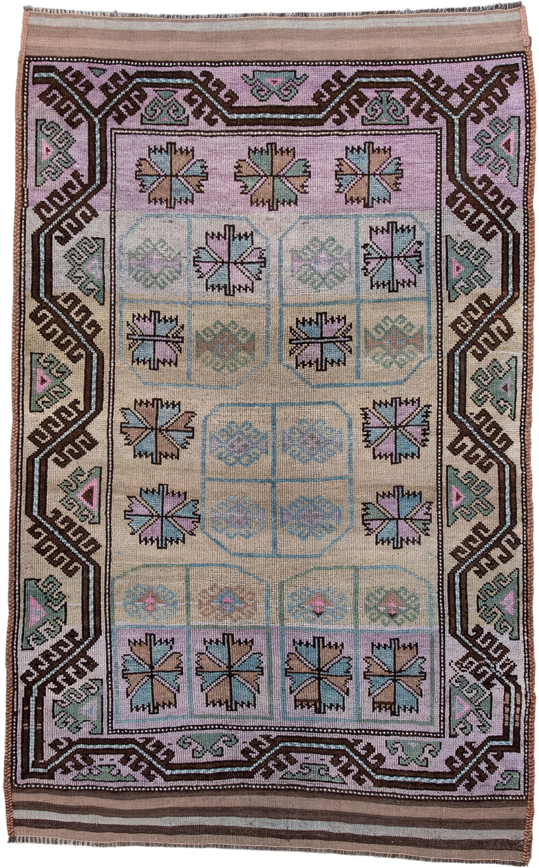 3' x 6' one-of-a-kind handmade antique Belouch small size rug. Color palette: ivory, lilac, brown, aqua, sage, taupe, pink