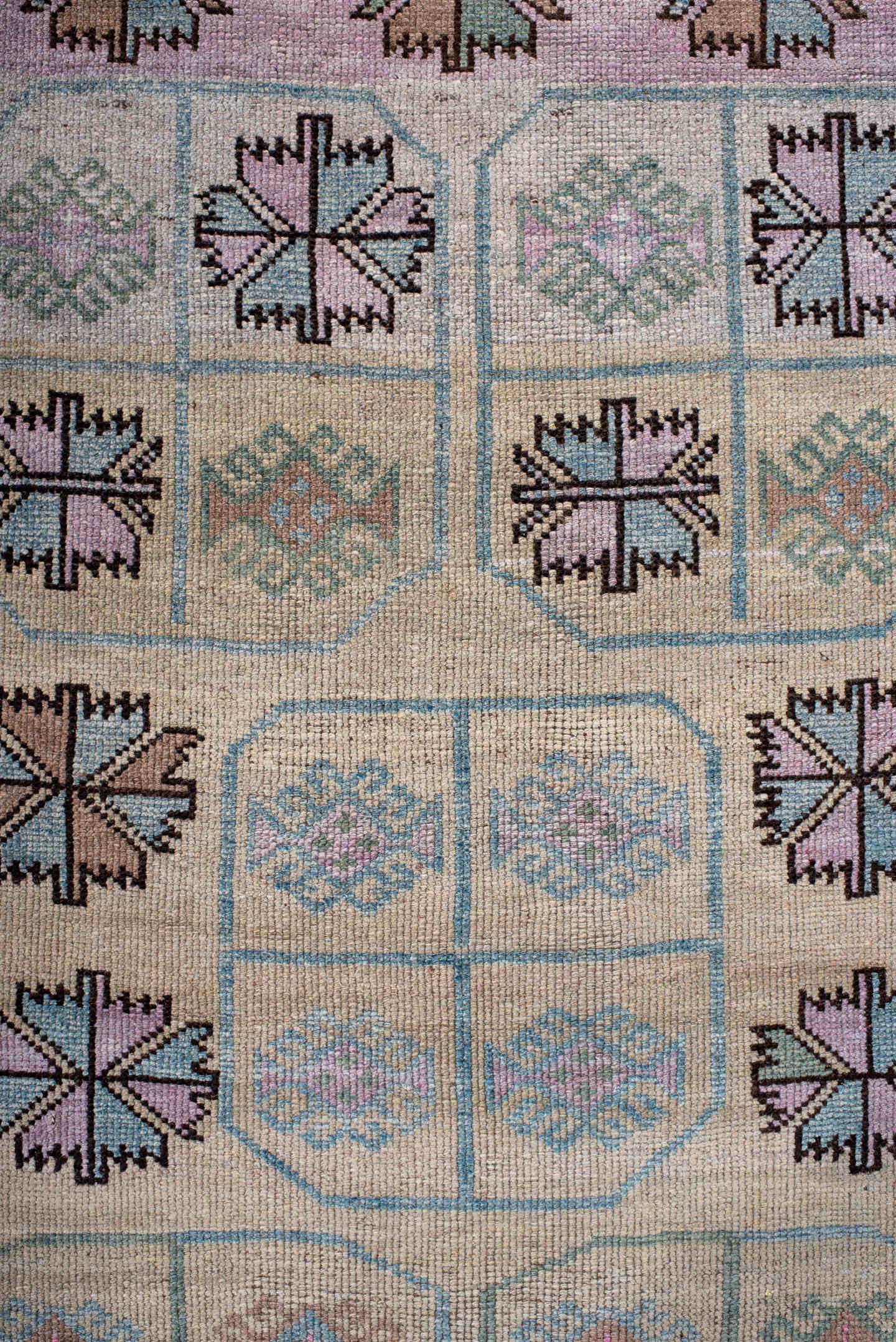 3' x 6' one-of-a-kind handmade antique Belouch small size rug. Color palette: ivory, lilac, brown, aqua, sage, taupe, pink