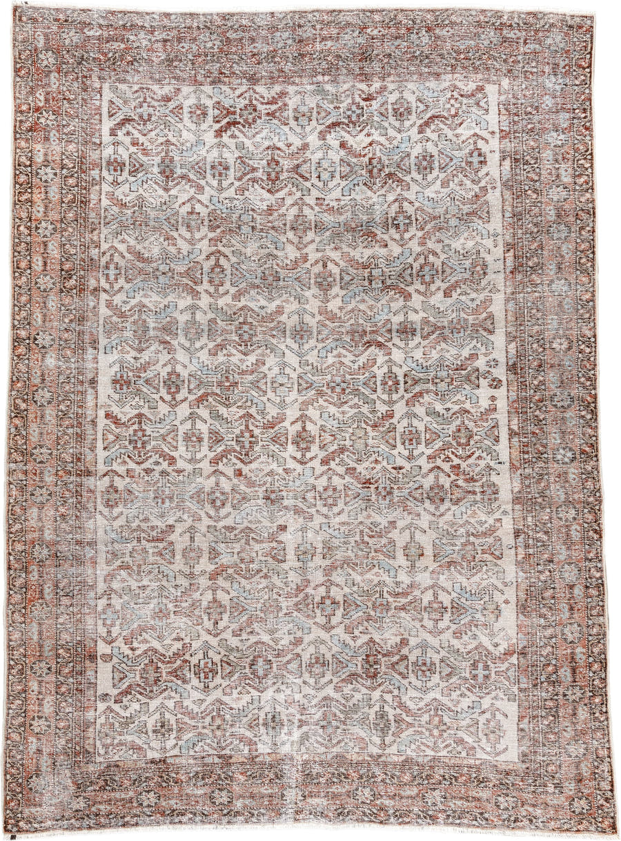 4' x 6' one-of-a-kind handmade vintage Afshar small size rug. Color palette: ivory, rust, taupe, soft blue, brown, camel