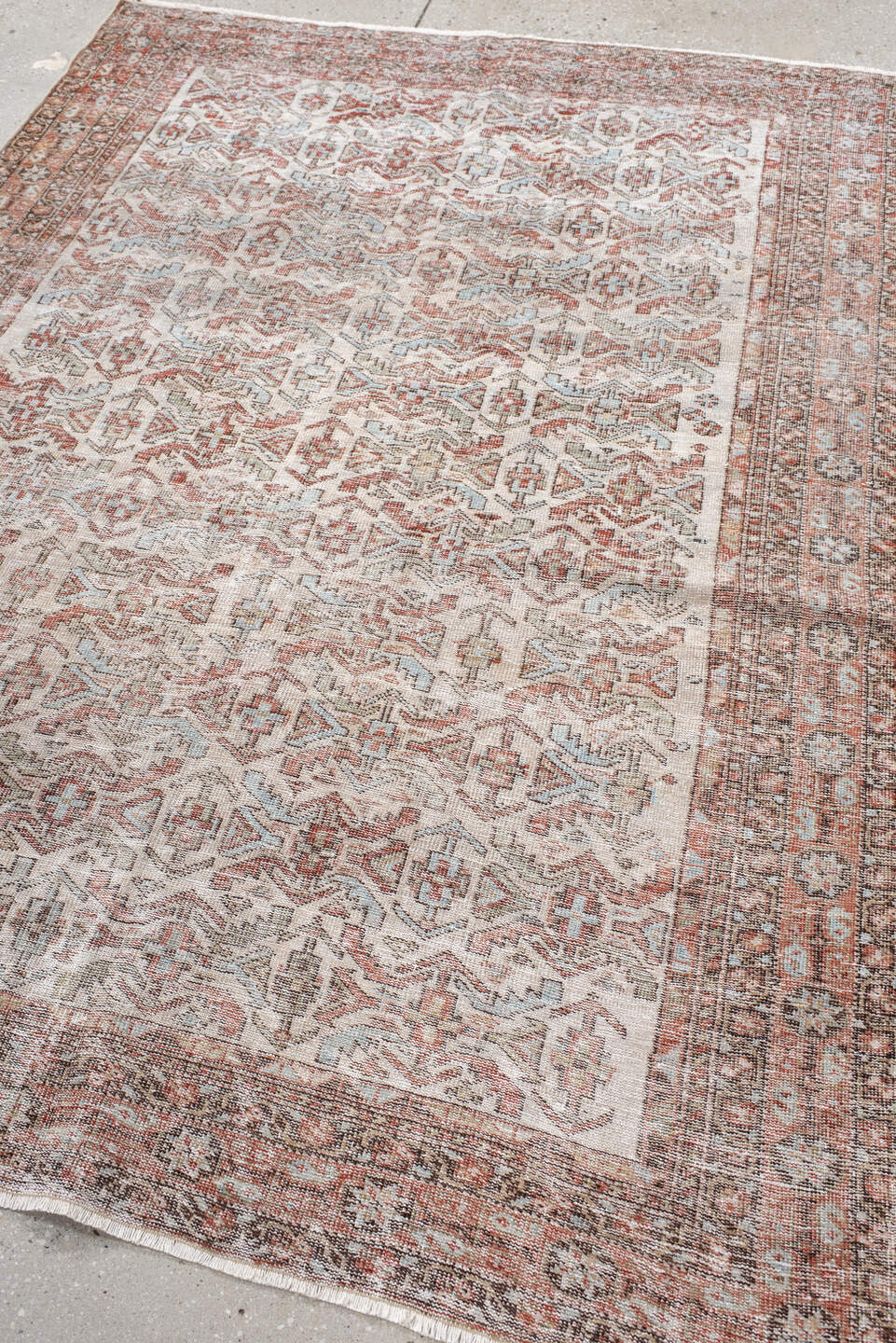 4' x 6' one-of-a-kind handmade vintage Afshar small size rug. Color palette: ivory, rust, taupe, soft blue, brown, camel