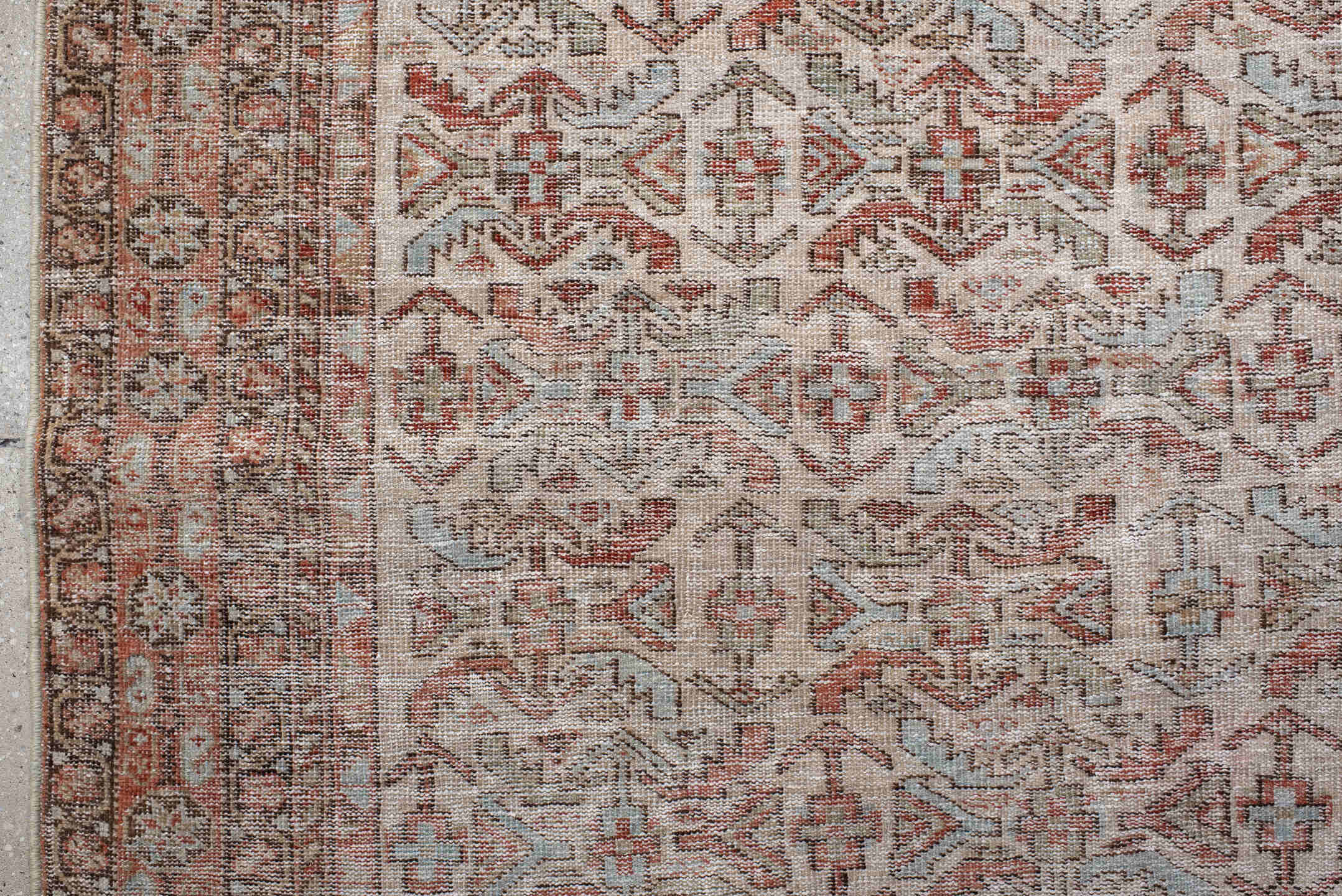 4' x 6' one-of-a-kind handmade vintage Afshar small size rug. Color palette: ivory, rust, taupe, soft blue, brown, camel