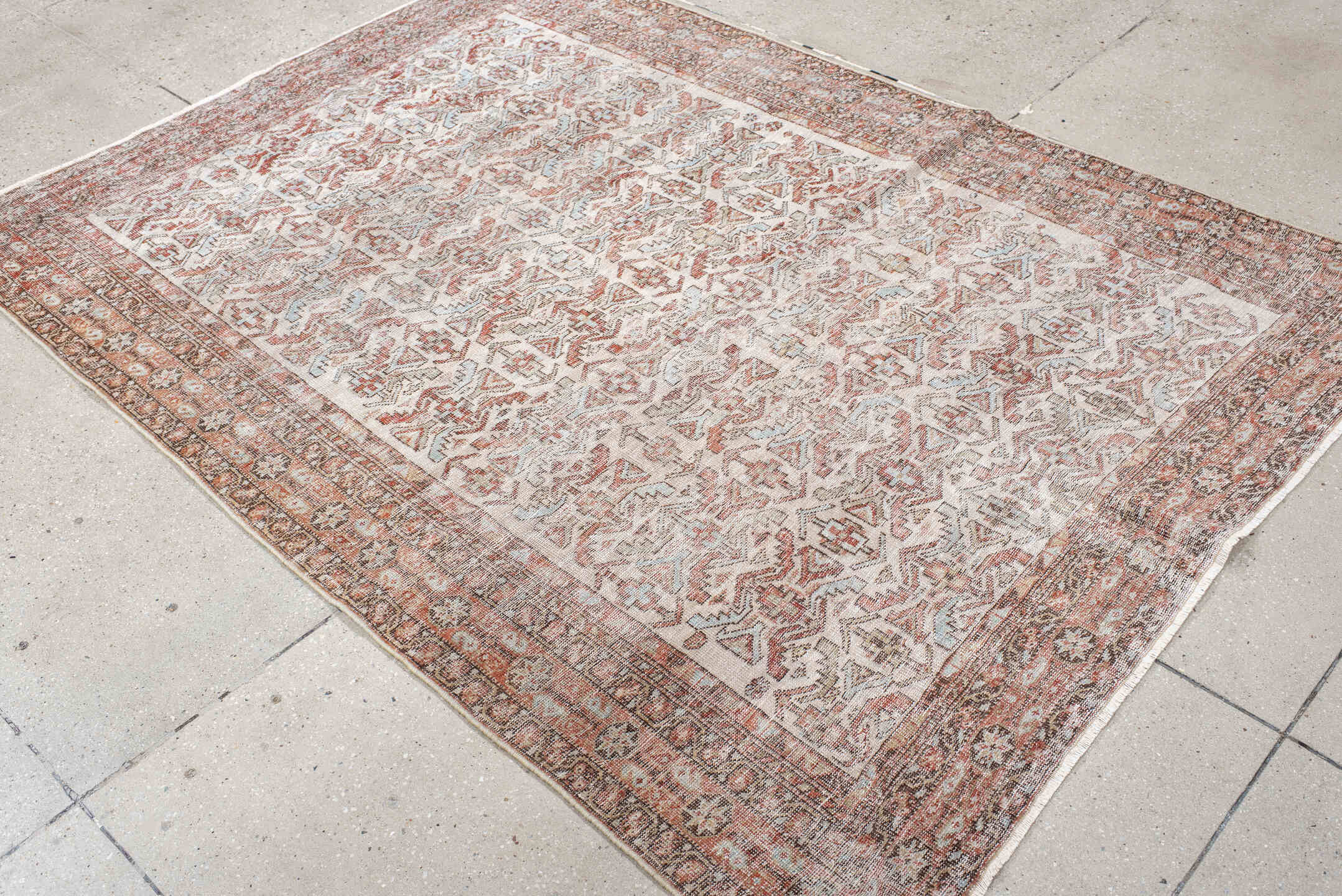 4' x 6' one-of-a-kind handmade vintage Afshar small size rug. Color palette: ivory, rust, taupe, soft blue, brown, camel