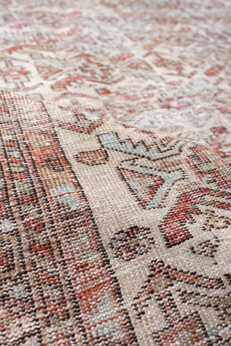 4' x 6' one-of-a-kind handmade vintage Afshar small size rug. Color palette: ivory, rust, taupe, soft blue, brown, camel