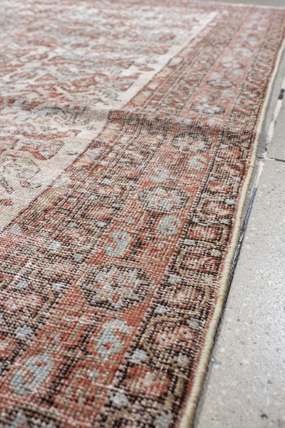 4' x 6' one-of-a-kind handmade vintage Afshar small size rug. Color palette: ivory, rust, taupe, soft blue, brown, camel