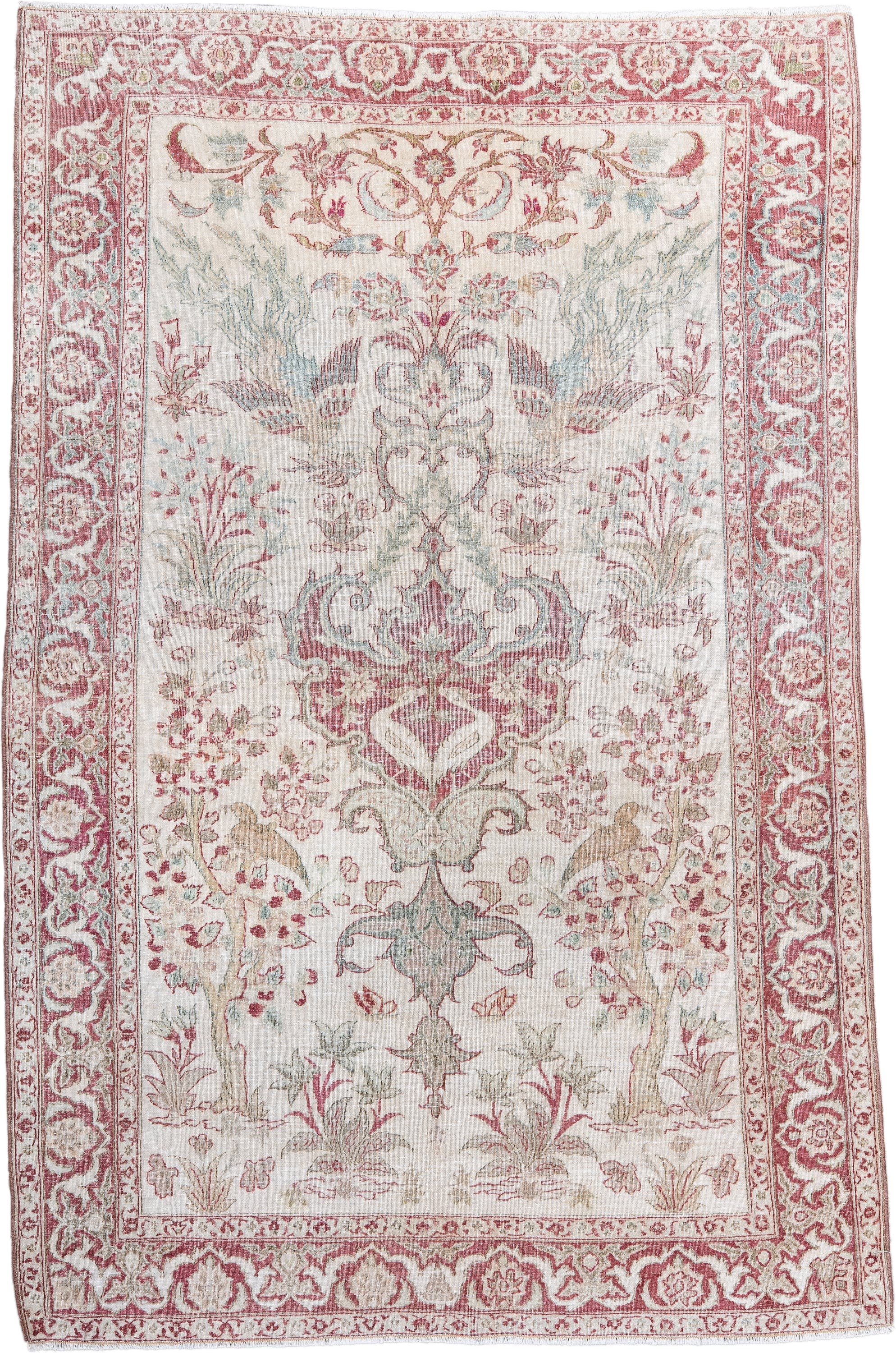 3' x 4' one-of-a-kind handmade antique Sivas small size rug. Color palette: ivory, rose, pale blue, sage, taupe, soft pink