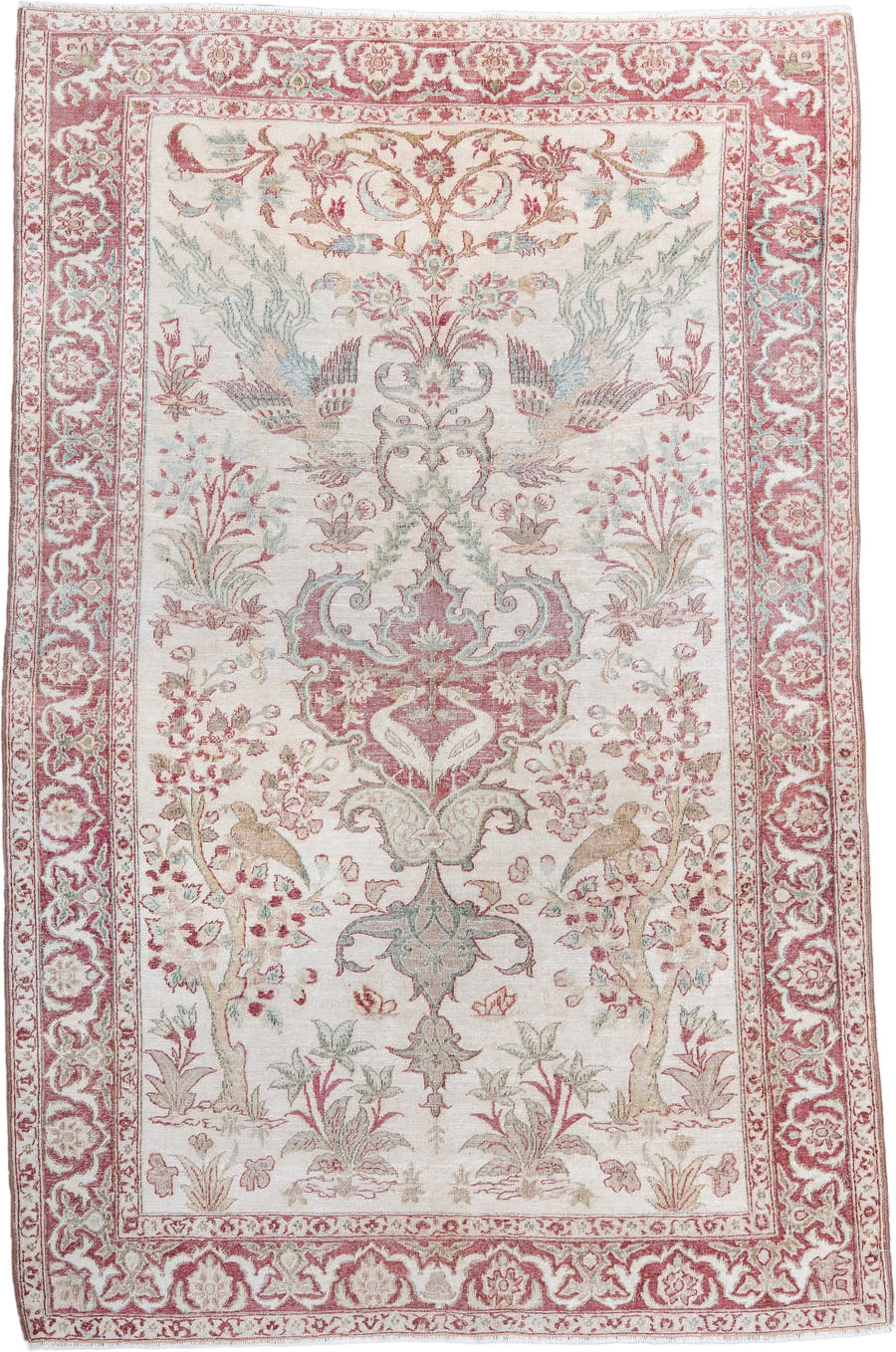 3' x 4' one-of-a-kind handmade antique Sivas small size rug. Color palette: ivory, rose, pale blue, sage, taupe, soft pink