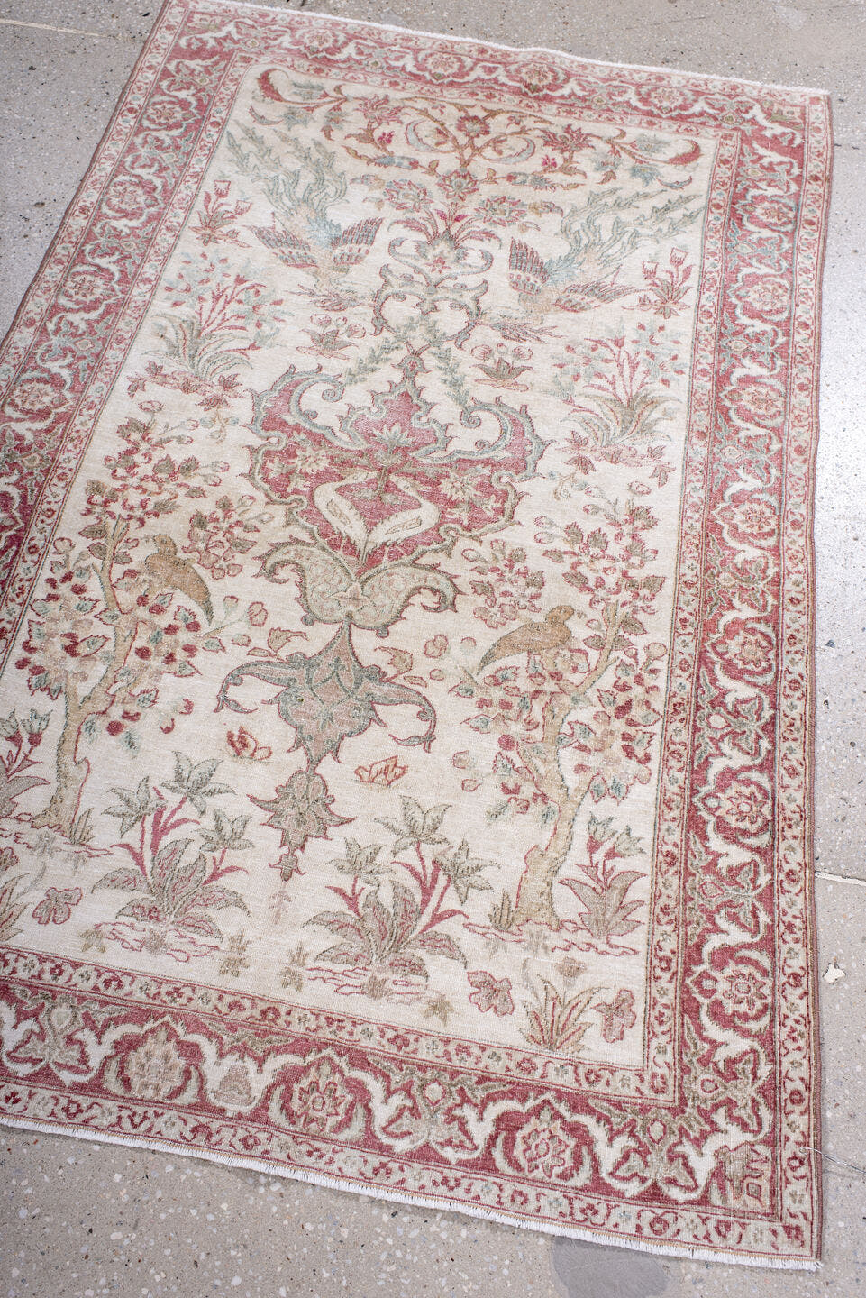 3' x 4' one-of-a-kind handmade antique Sivas small size rug. Color palette: ivory, rose, pale blue, sage, taupe, soft pink