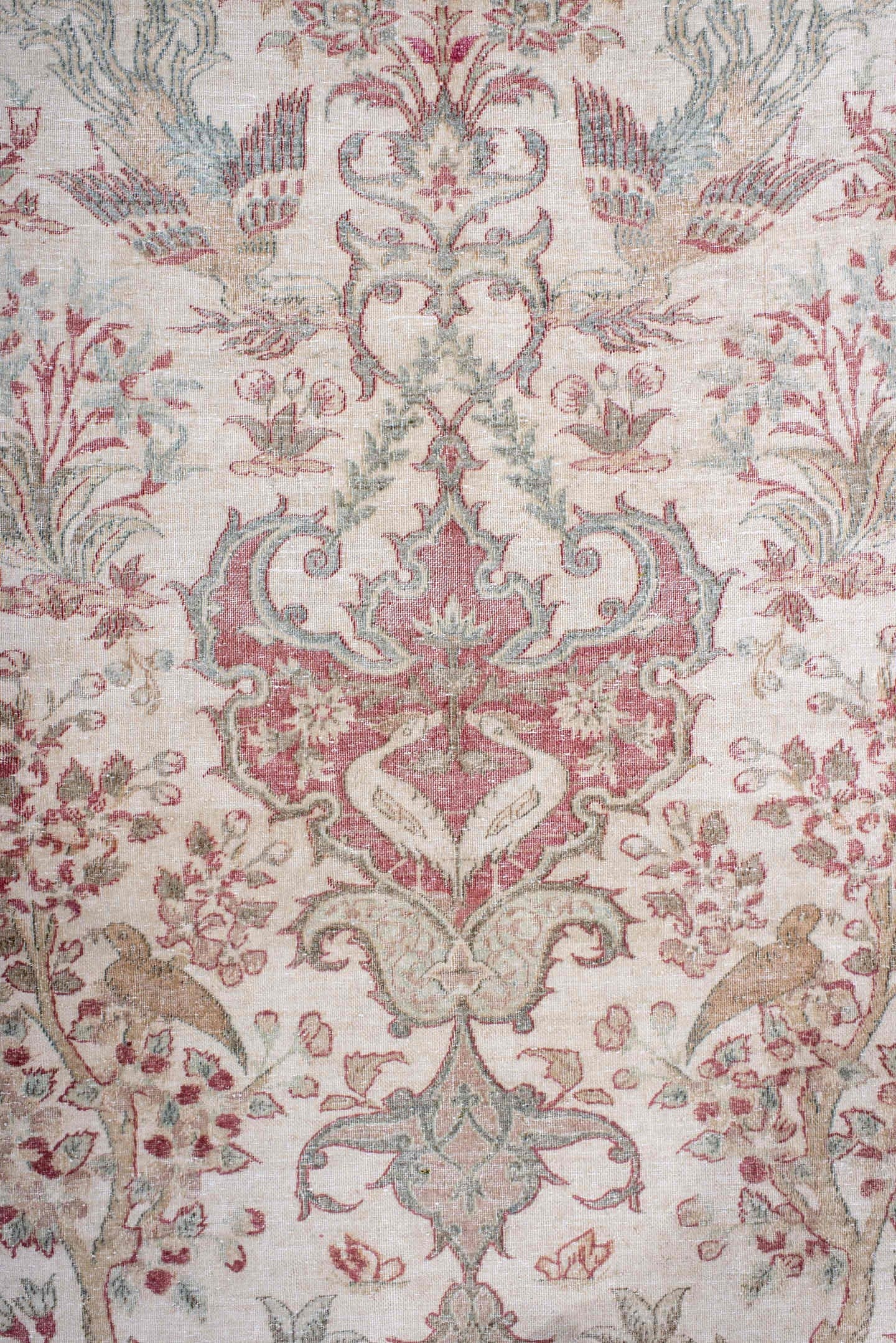 3' x 4' one-of-a-kind handmade antique Sivas small size rug. Color palette: ivory, rose, pale blue, sage, taupe, soft pink
