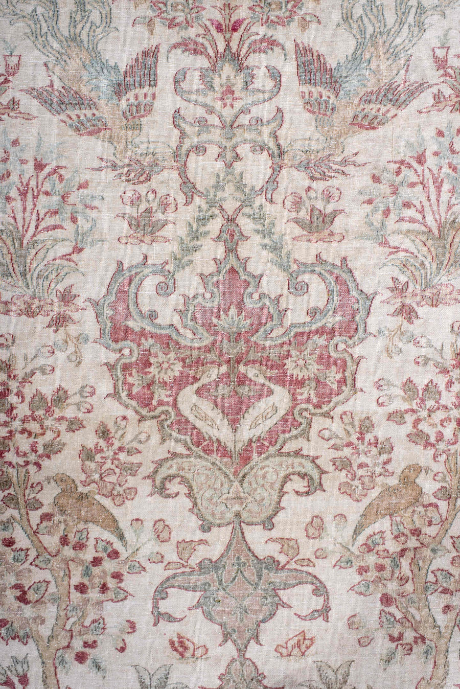 3' x 4' one-of-a-kind handmade antique Sivas small size rug. Color palette: ivory, rose, pale blue, sage, taupe, soft pink