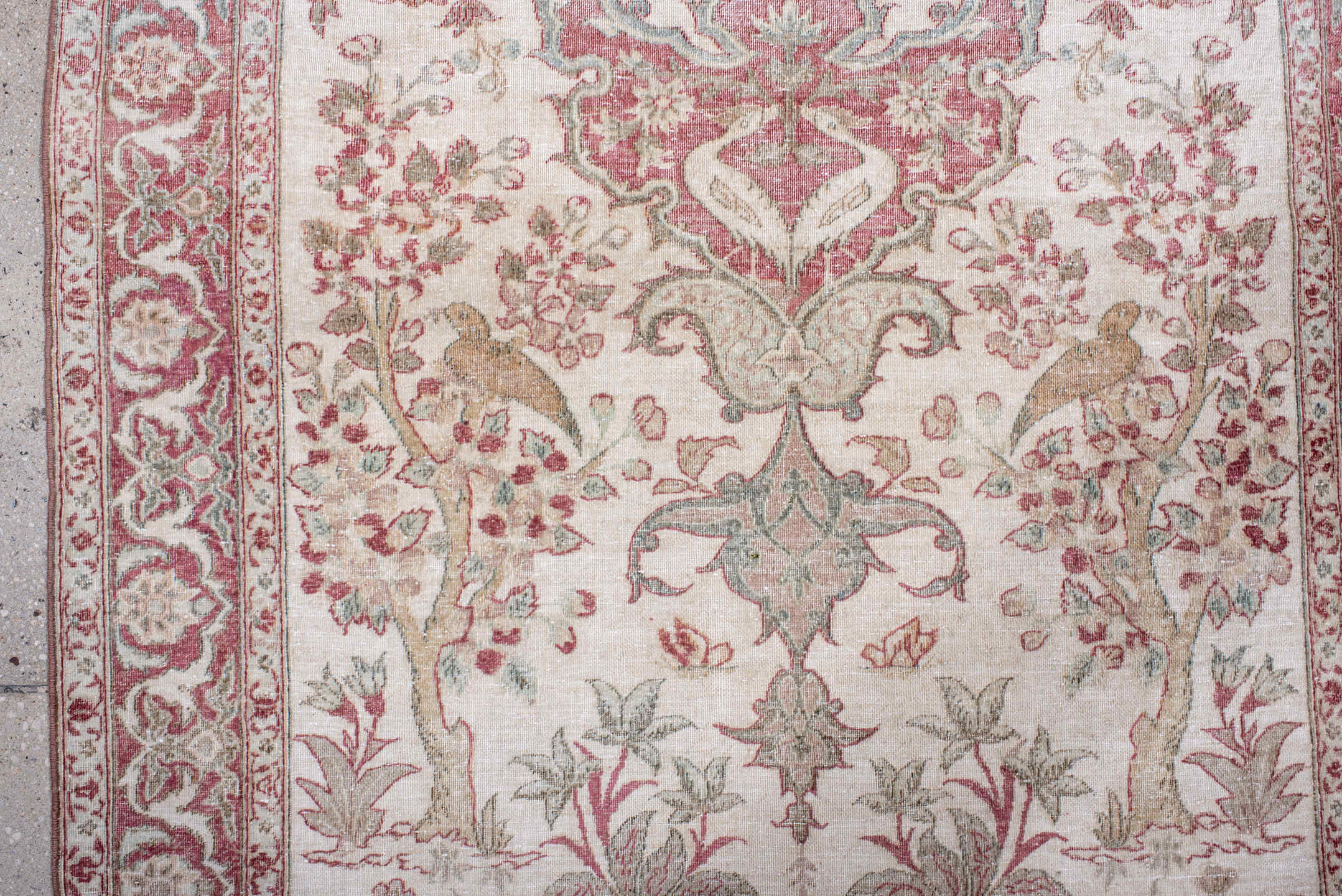 3' x 4' one-of-a-kind handmade antique Sivas small size rug. Color palette: ivory, rose, pale blue, sage, taupe, soft pink
