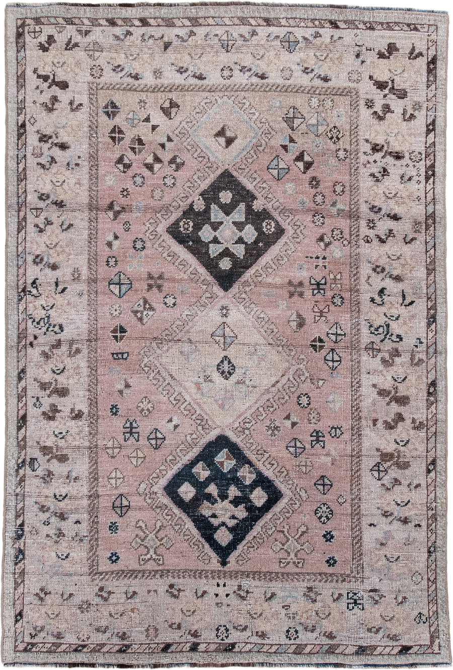 4' x 5' one-of-a-kind handmade antique Gabbe small size rug. Color palette: blush, ivory, charcoal, taupe, brown, pale blue
