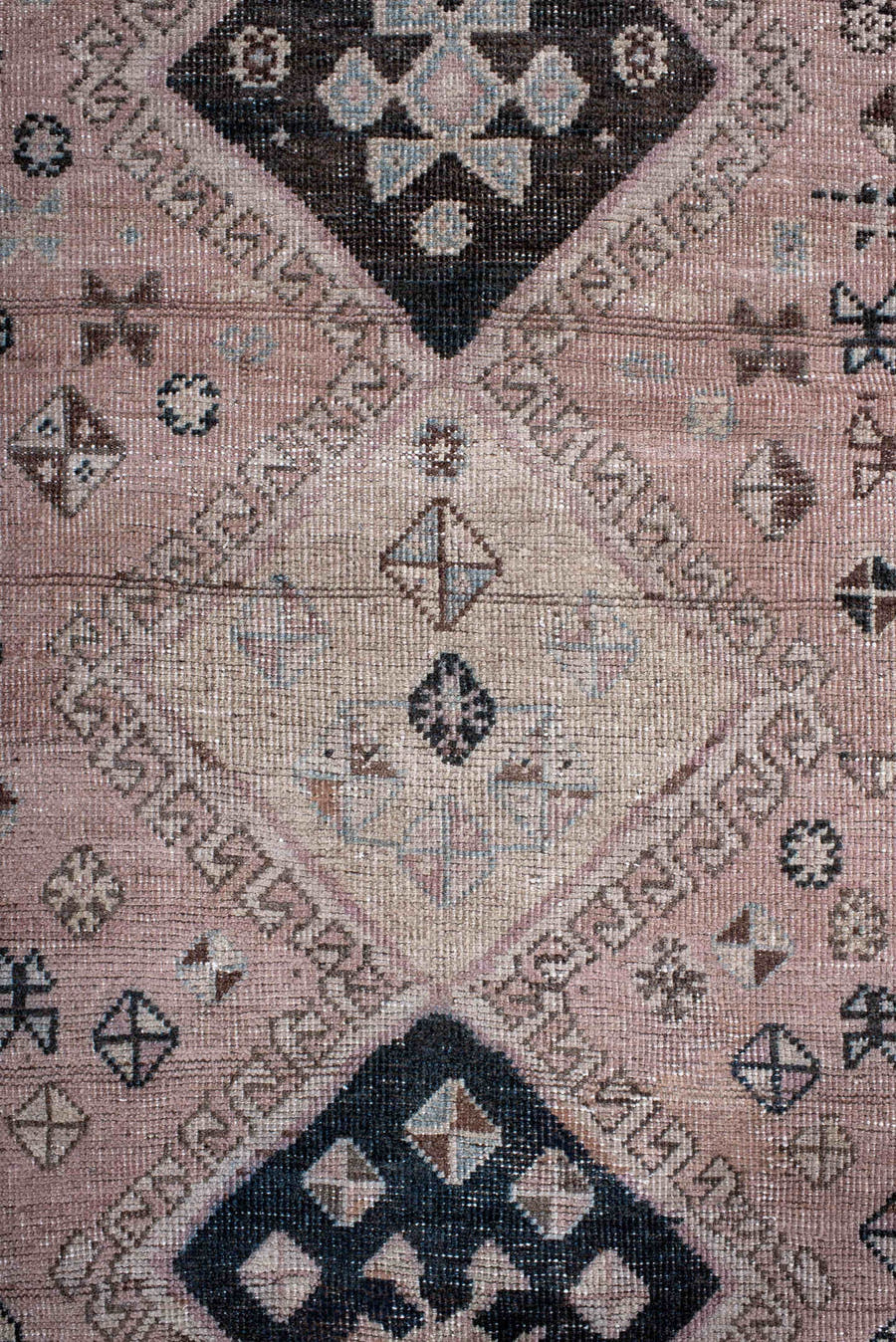 4' x 5' one-of-a-kind handmade antique Gabbe small size rug. Color palette: blush, ivory, charcoal, taupe, brown, pale blue