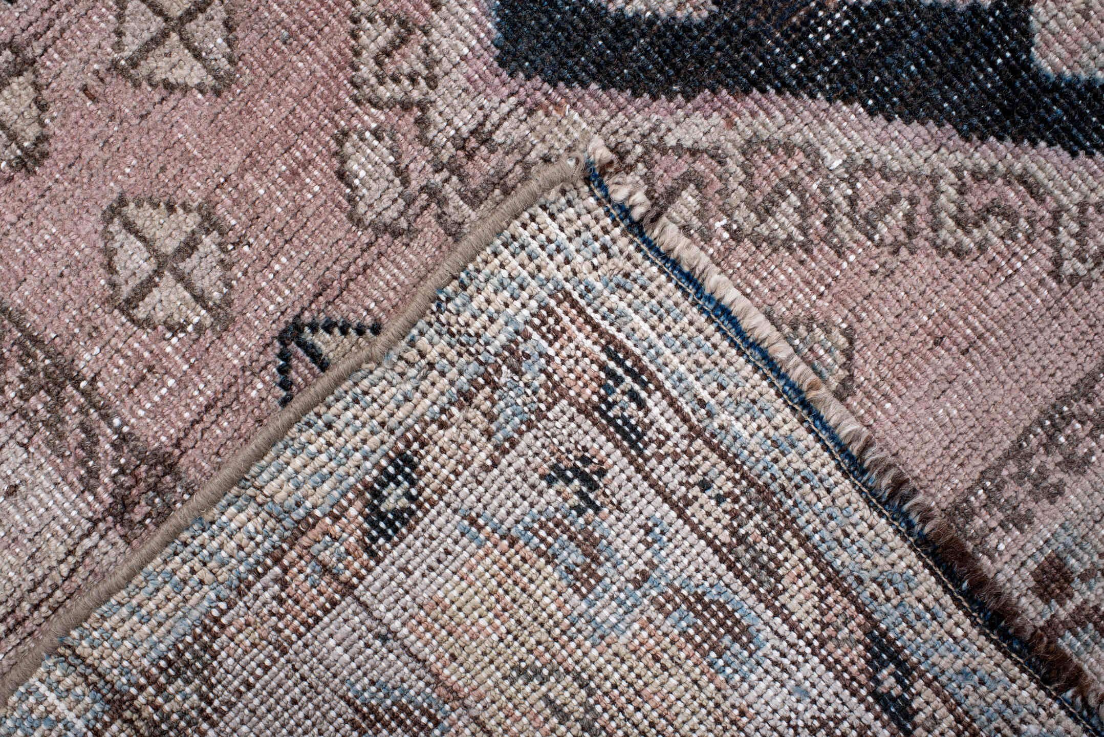 4' x 5' one-of-a-kind handmade vintage Gabbe small size rug. Color palette: black, blue, brown, dim gray, gainsboro, gray