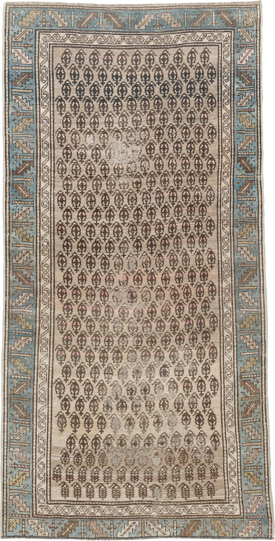 3' x 7' one-of-a-kind handmade antique NW Persian runner rug. Color palette: ivory, sky blue, taupe, brown, camel, soft pink