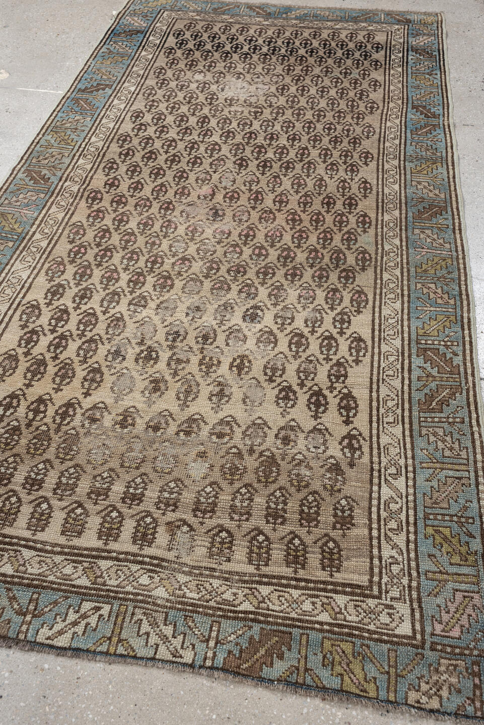 3' x 7' one-of-a-kind handmade antique NW Persian runner rug. Color palette: ivory, sky blue, taupe, brown, camel, soft pink
