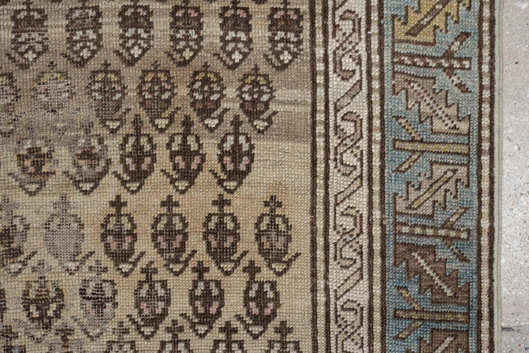 3' x 7' one-of-a-kind handmade antique NW Persian runner rug. Color palette: ivory, sky blue, taupe, brown, camel, soft pink