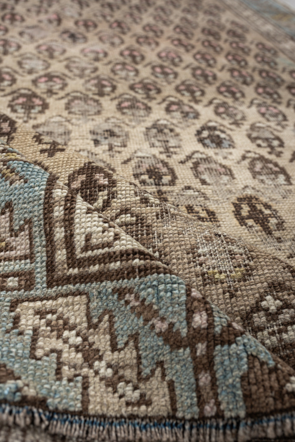 3' x 7' one-of-a-kind handmade antique NW Persian runner rug. Color palette: ivory, sky blue, taupe, brown, camel, soft pink