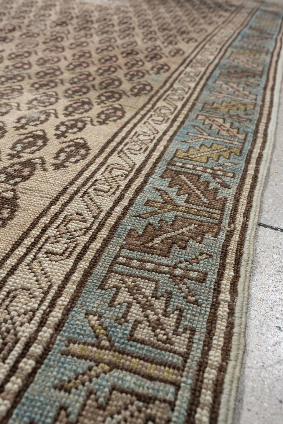 3' x 7' one-of-a-kind handmade antique NW Persian runner rug. Color palette: ivory, sky blue, taupe, brown, camel, soft pink