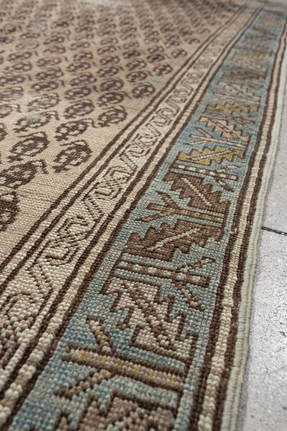3' x 7' one-of-a-kind handmade antique NW Persian runner rug. Color palette: ivory, sky blue, taupe, brown, camel, soft pink