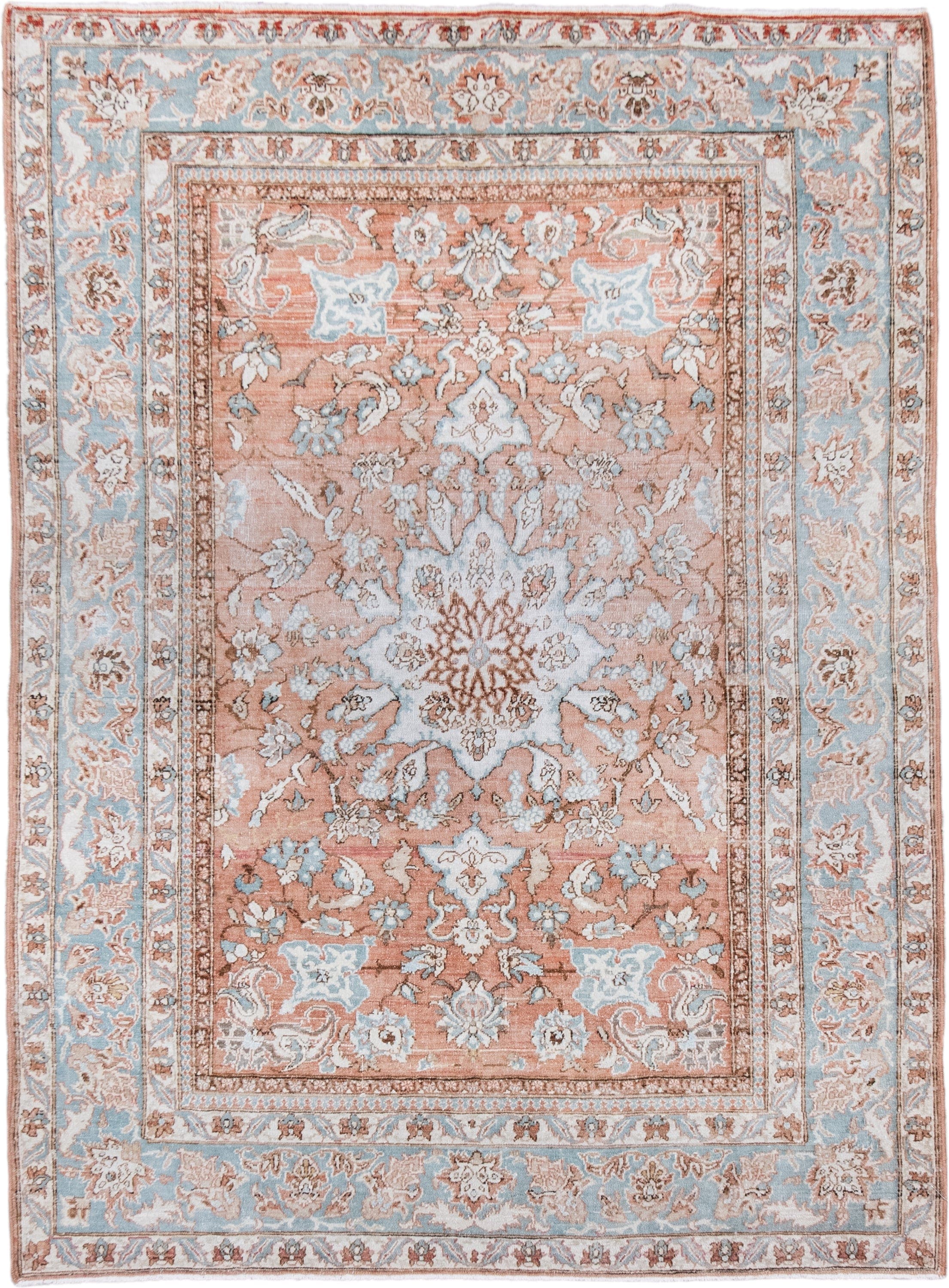 3' x 4' one-of-a-kind handmade vintage Isfahan small size rug. Color palette: blush, pale blue, ivory, taupe, rose, camel