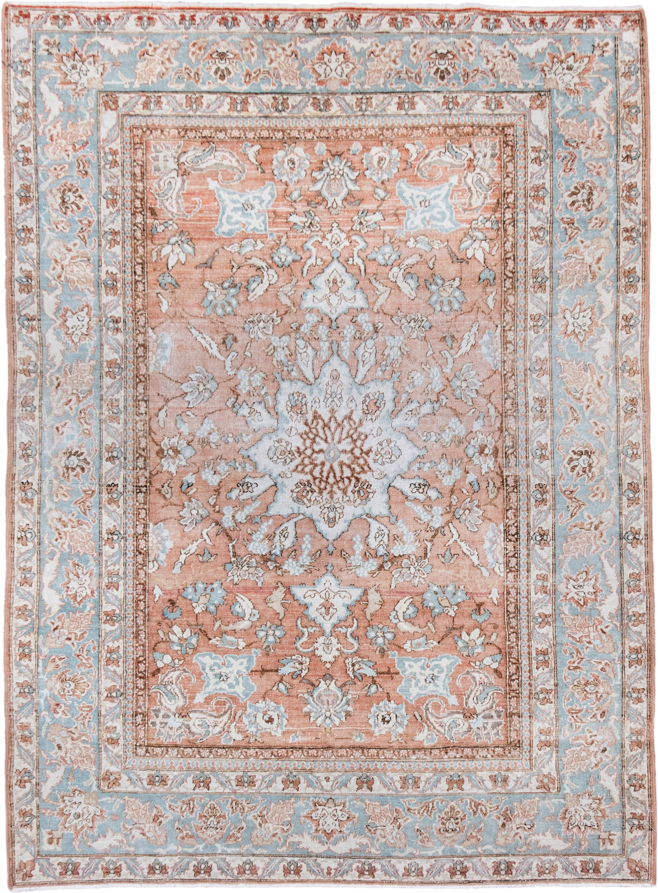 3' x 4' one-of-a-kind handmade vintage Isfahan small size rug. Color palette: blush, pale blue, ivory, taupe, rose, camel