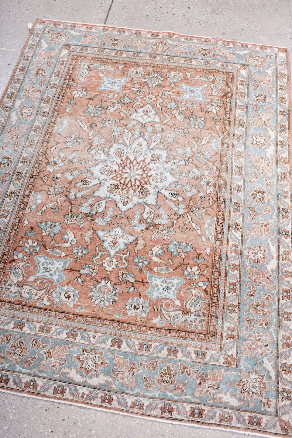 3' x 4' one-of-a-kind handmade vintage Isfahan small size rug. Color palette: blush, pale blue, ivory, taupe, rose, camel