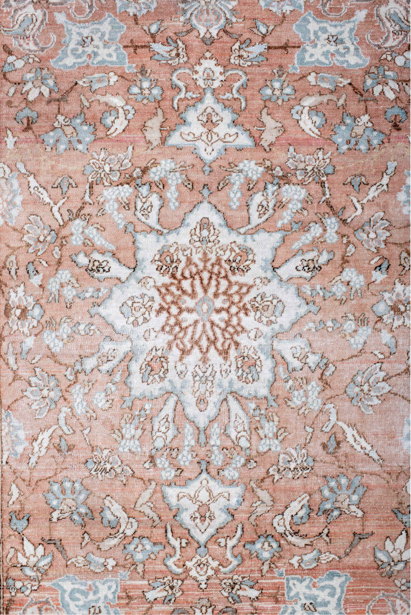 3' x 4' one-of-a-kind handmade vintage Isfahan small size rug. Color palette: blush, pale blue, ivory, taupe, rose, camel