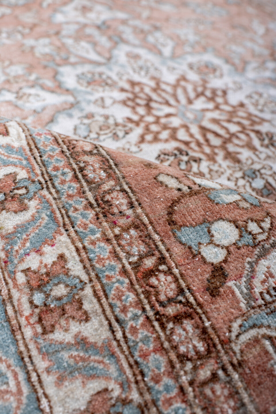 3' x 4' one-of-a-kind handmade vintage Isfahan small size rug. Color palette: blush, pale blue, ivory, taupe, rose, camel