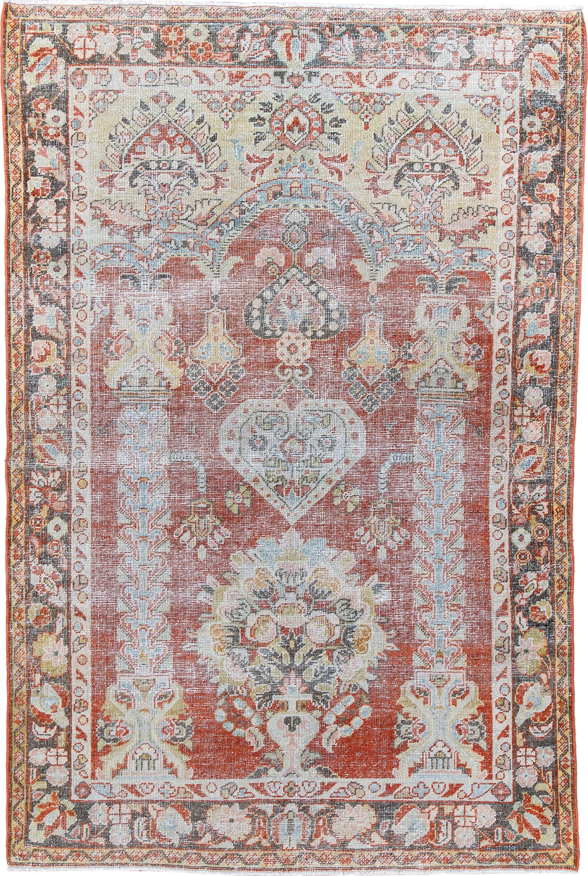 4' x 6' one-of-a-kind handmade vintage Mahal small size rug. Color palette: terra cotta, ivory, pale blue, charcoal, gold