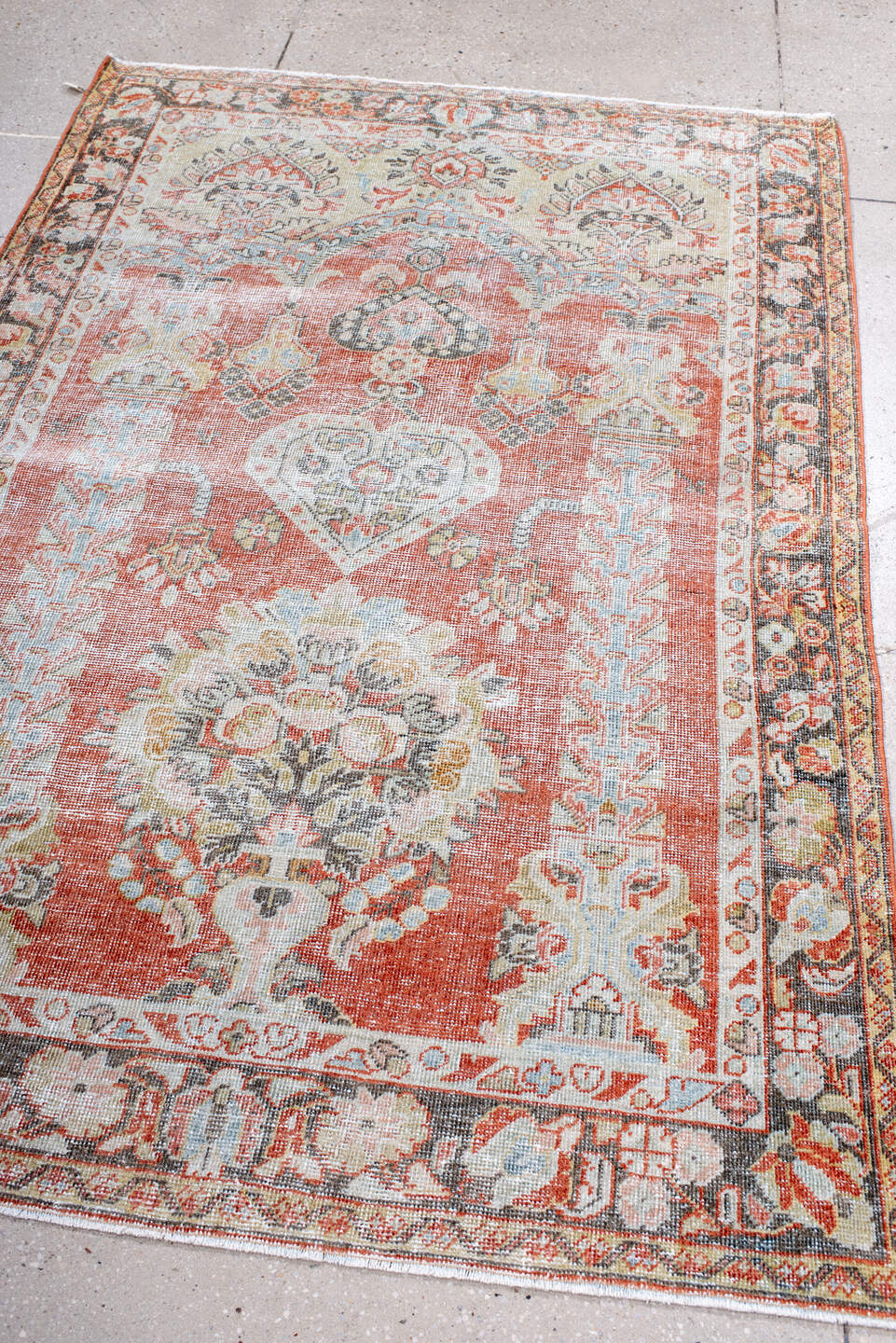4' x 6' one-of-a-kind handmade vintage Mahal small size rug. Color palette: terra cotta, ivory, pale blue, charcoal, gold