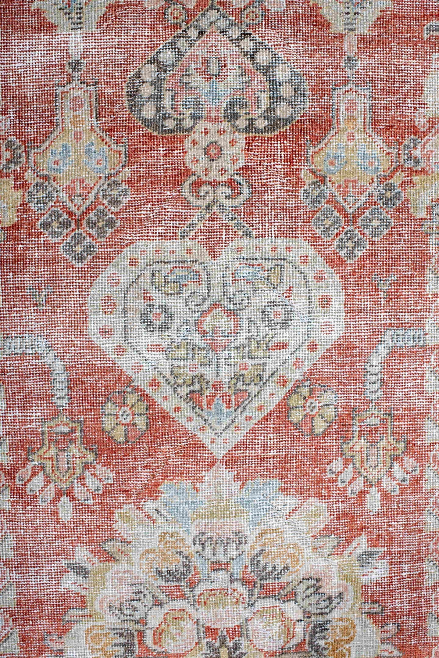 4' x 6' one-of-a-kind handmade vintage Mahal small size rug. Color palette: terra cotta, ivory, pale blue, charcoal, gold
