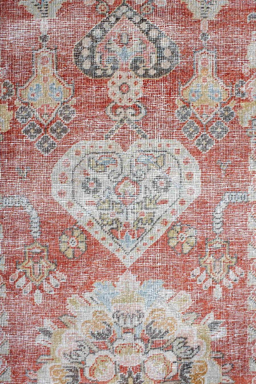 4' x 6' one-of-a-kind handmade vintage Mahal small size rug. Color palette: terra cotta, ivory, pale blue, charcoal, gold