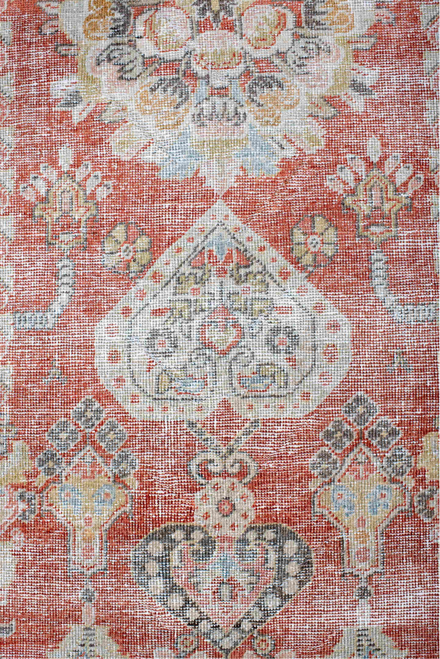 4' x 6' one-of-a-kind handmade vintage Mahal small size rug. Color palette: terra cotta, ivory, pale blue, charcoal, gold
