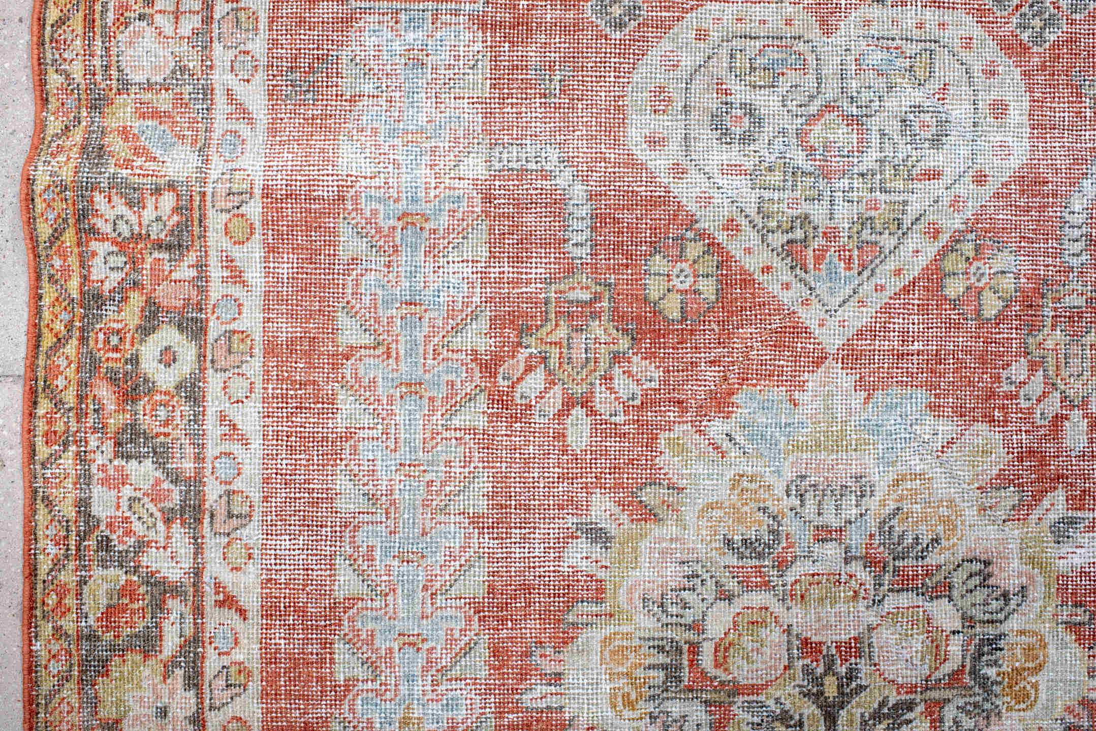 4' x 6' one-of-a-kind handmade vintage Mahal small size rug. Color palette: terra cotta, ivory, pale blue, charcoal, gold