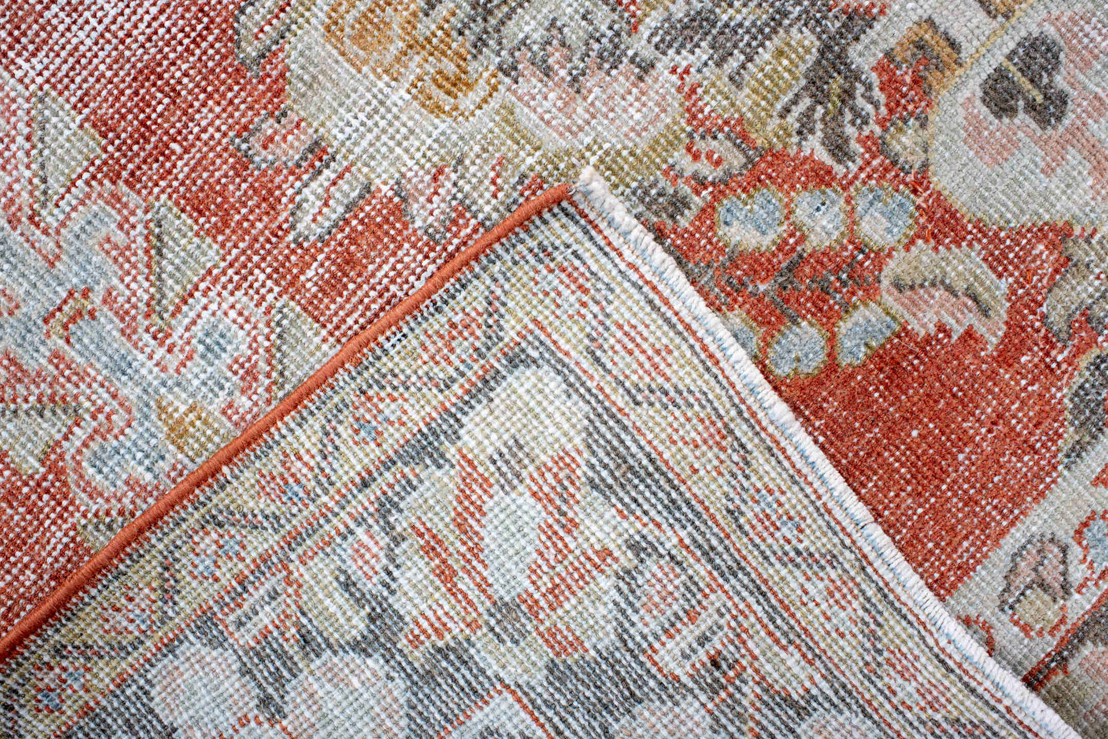 4' x 6' one-of-a-kind handmade vintage Mahal small size rug. Color palette: terra cotta, ivory, pale blue, charcoal, gold