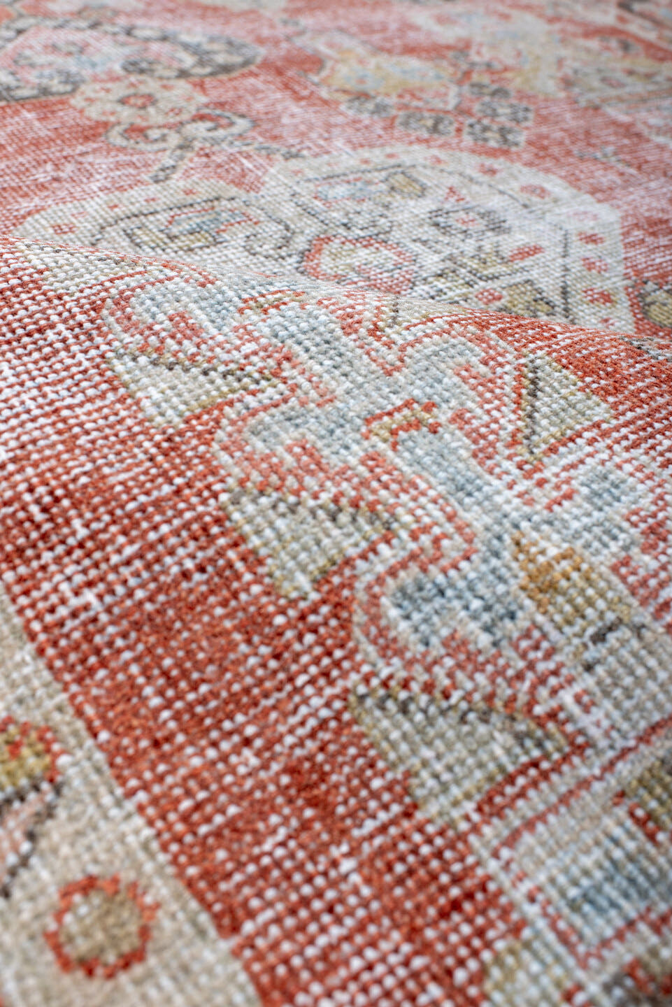 4' x 6' one-of-a-kind handmade vintage Mahal small size rug. Color palette: terra cotta, ivory, pale blue, charcoal, gold